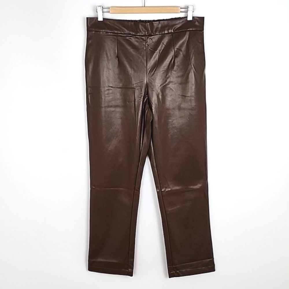DKNY Jeans Women's Brown Faux Leather Pants Straight Leg Pockets M